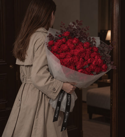 Autumn Rose Reverie deep red spray roses in a fashion editorial homecoming scene