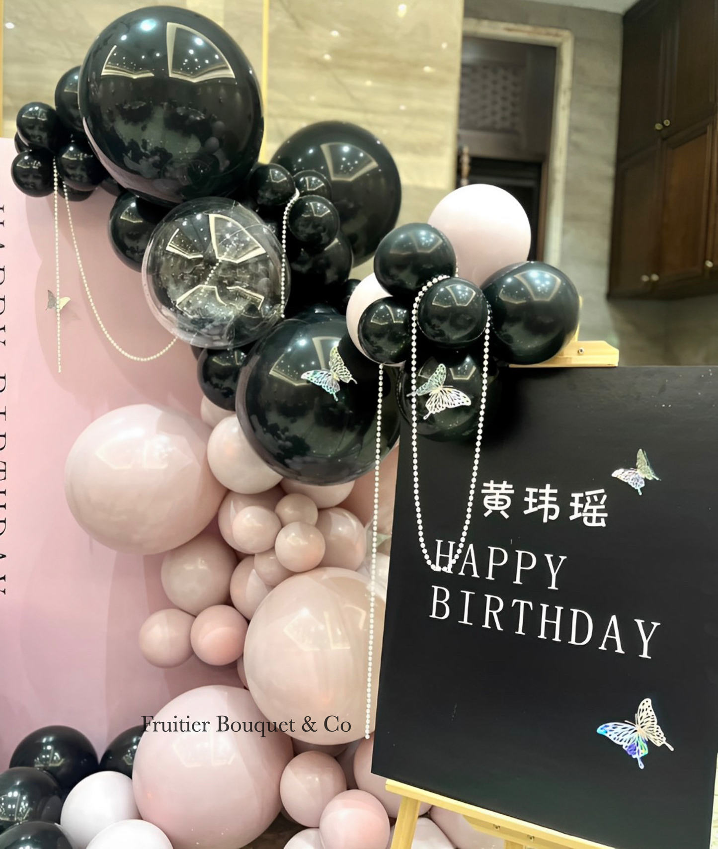 Birthday decoration service-pink and black balloon theme party