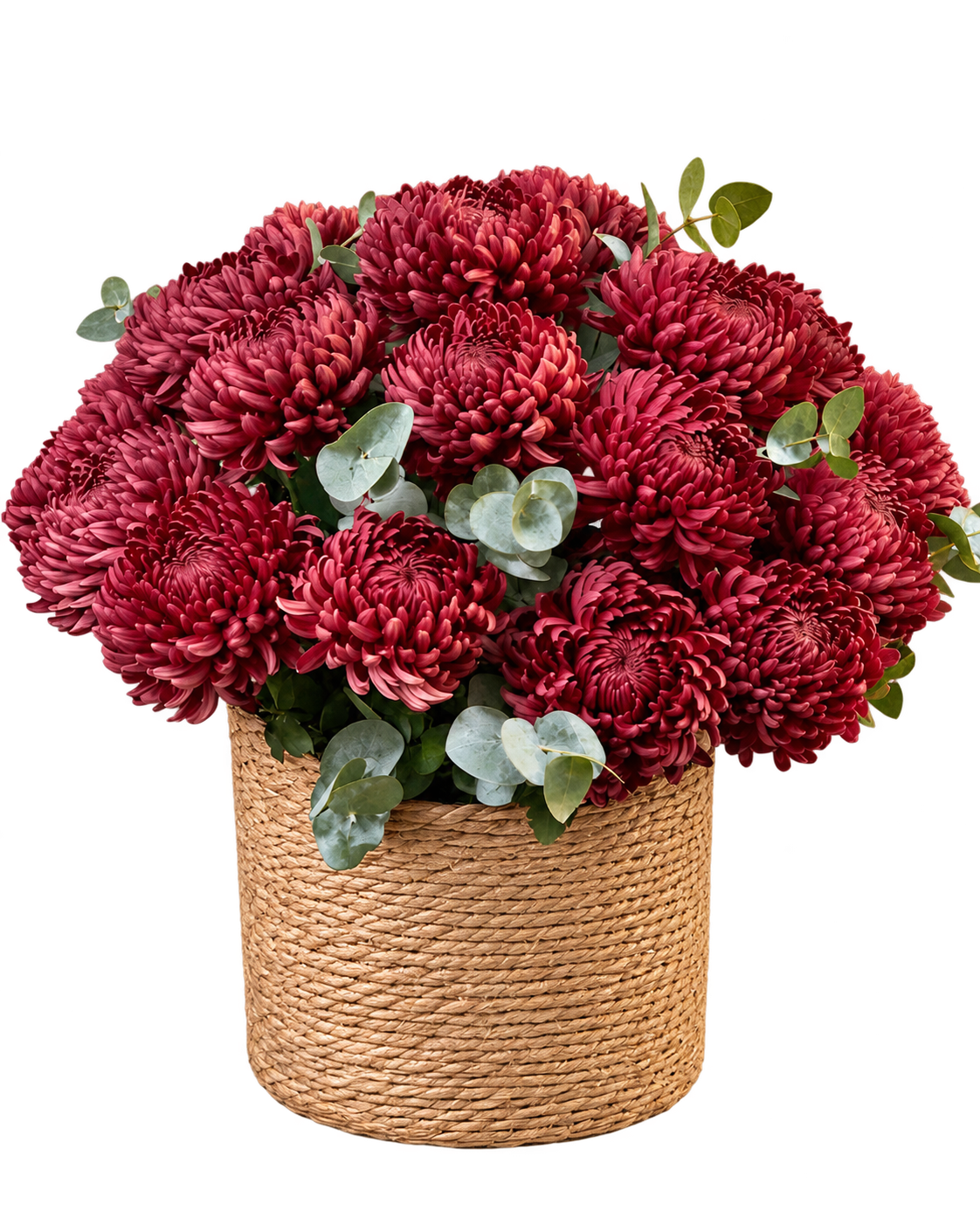 紫紅色大花紫菊、尤加利與藤編花籃，透明背景